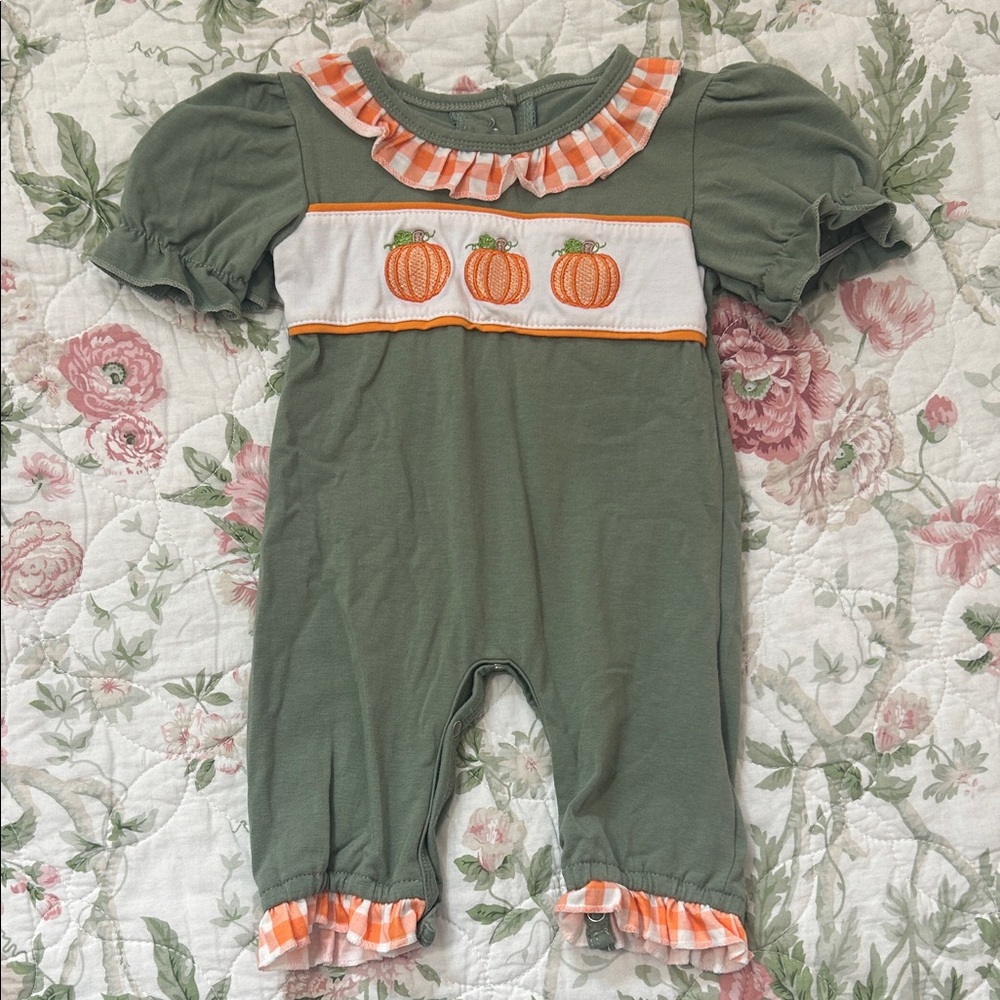 Green Baby Romper with Pumpkin Design
